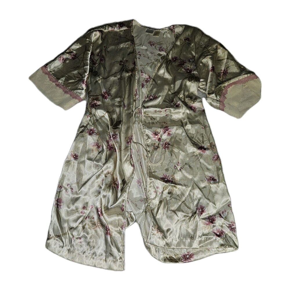 Gilligan O'Malley M Satin Chemise Robe Cream Mauve Floral Lace Cottagecore Fairy